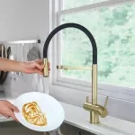 Brushed Gold Brass Double Handle Kitchen Faucet with Retractable Spout