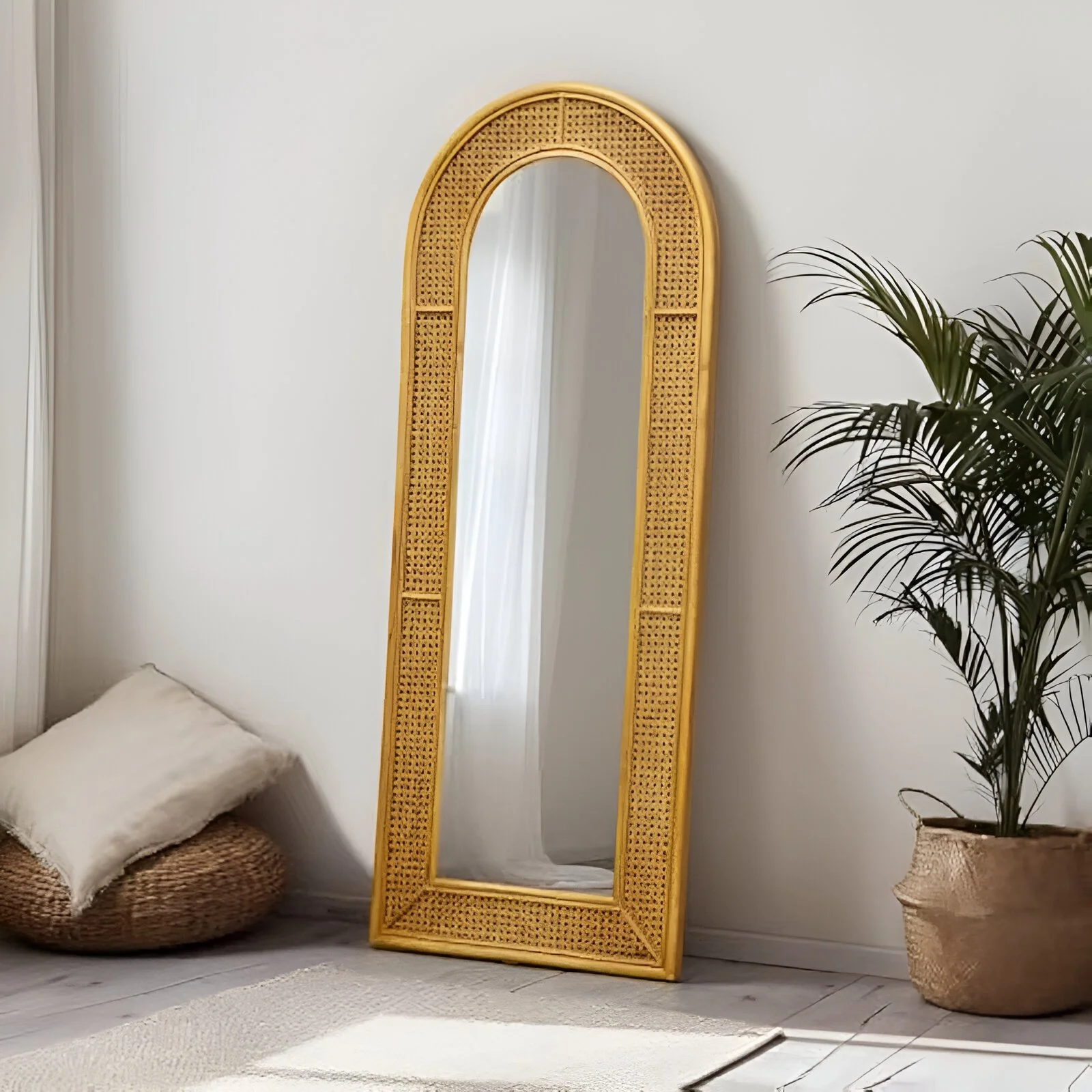 Rattan Full Length Mirror, 60''x24'' Arched Floor Mirror for Bedroom & Dressing Room
