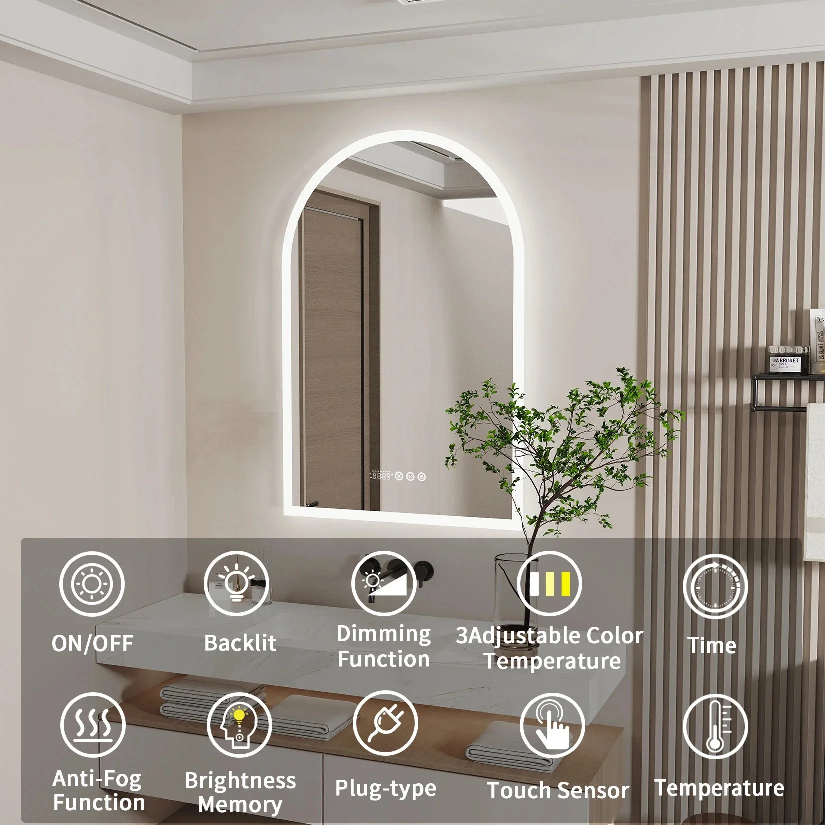 Arched LED Bathroom Mirror with Anti-Fog, Dimmable Lights & Display