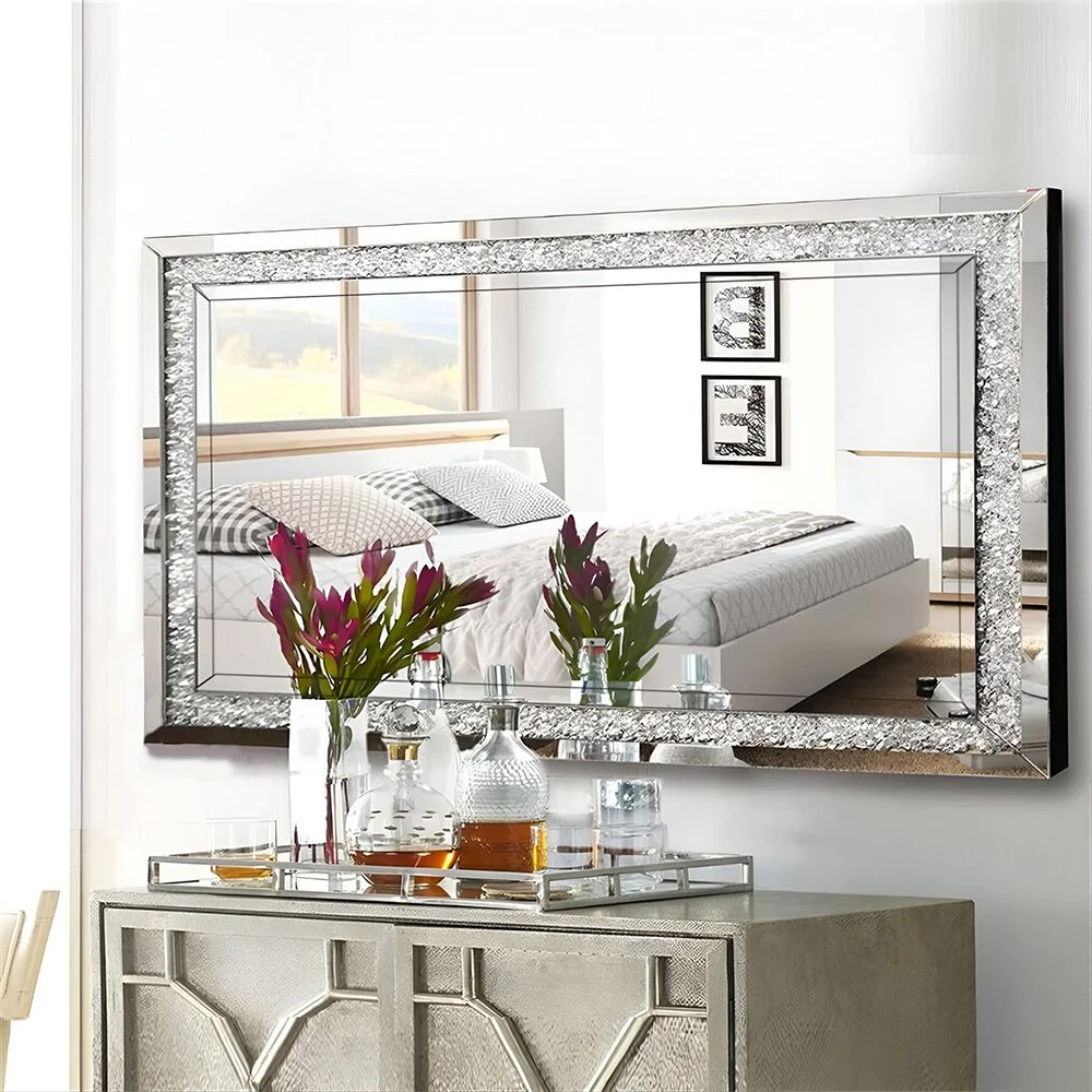 Large Silver Crystal Crush Wall Mirror - 47"x24" Rectangle Decorative Mirror