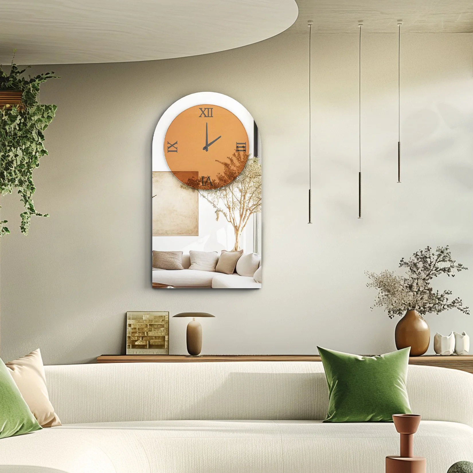Arched Wall Mirror Clock with Brown Tinted Glass for Living & Bedroom Decor