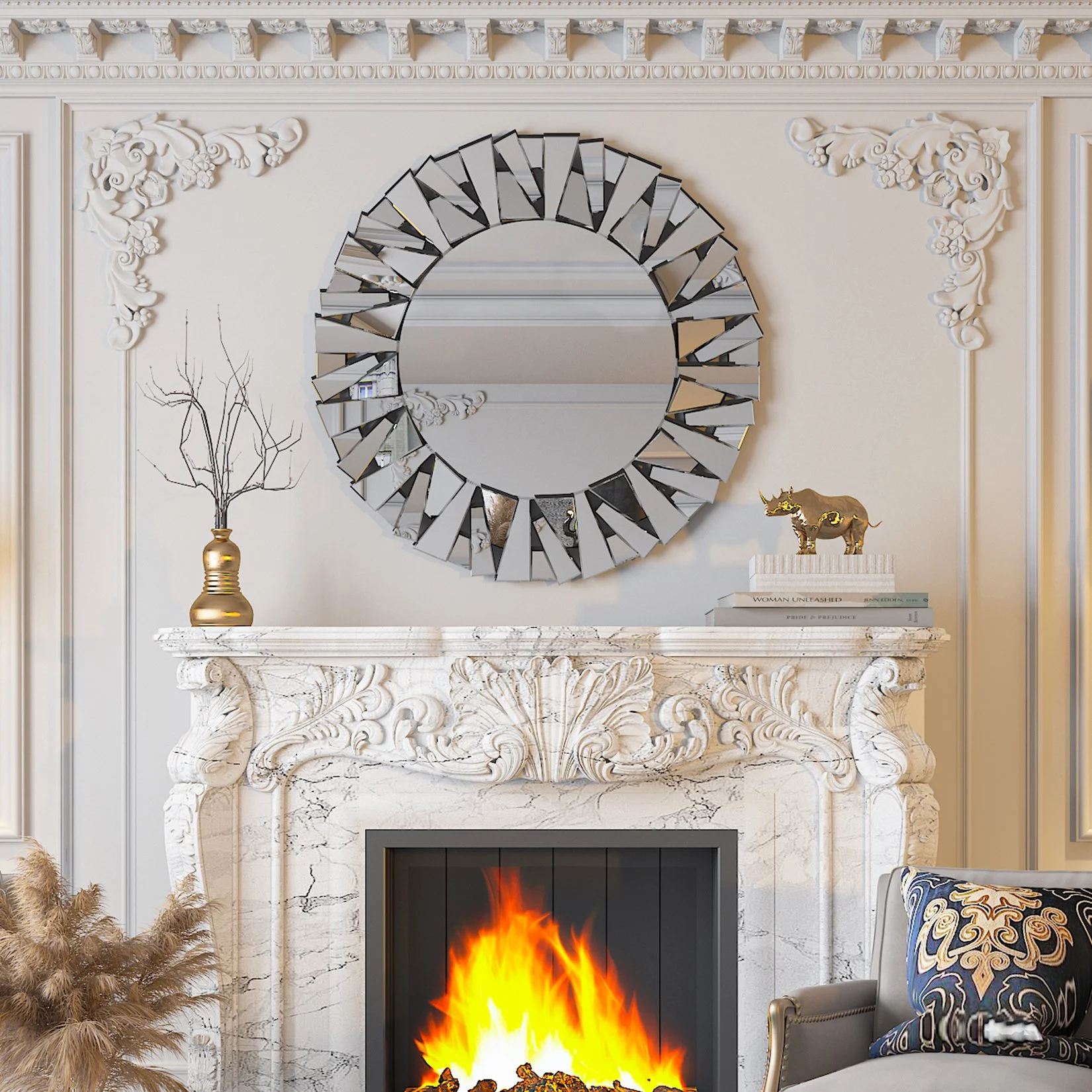 32" Round Silver Sunburst Wall Mirror
