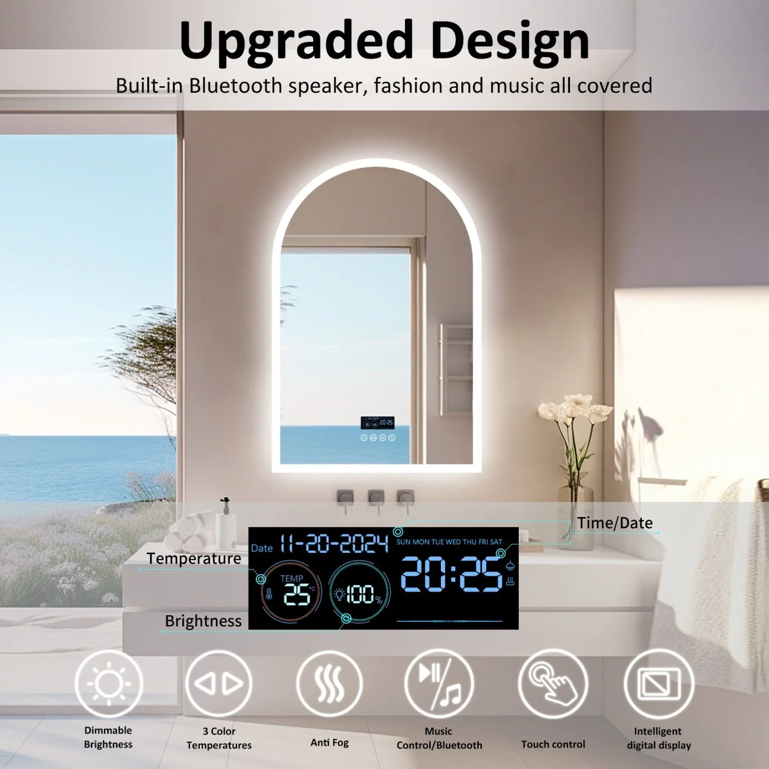60x90 Inch Arched LED Bathroom Mirror with Bluetooth & Digital Display