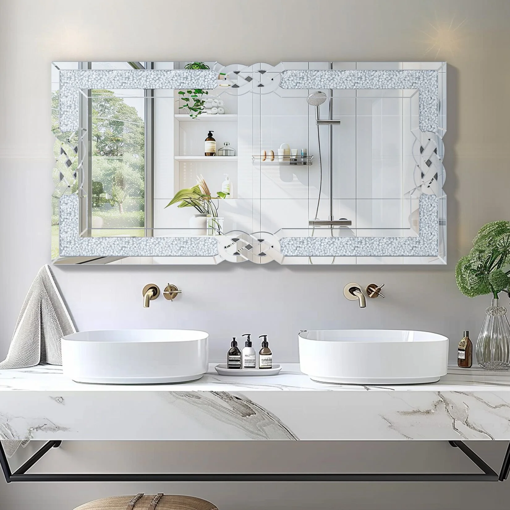 Luxury Silver Crystal Diamond Wall Mirror 47"x24" Modern Home Decor
