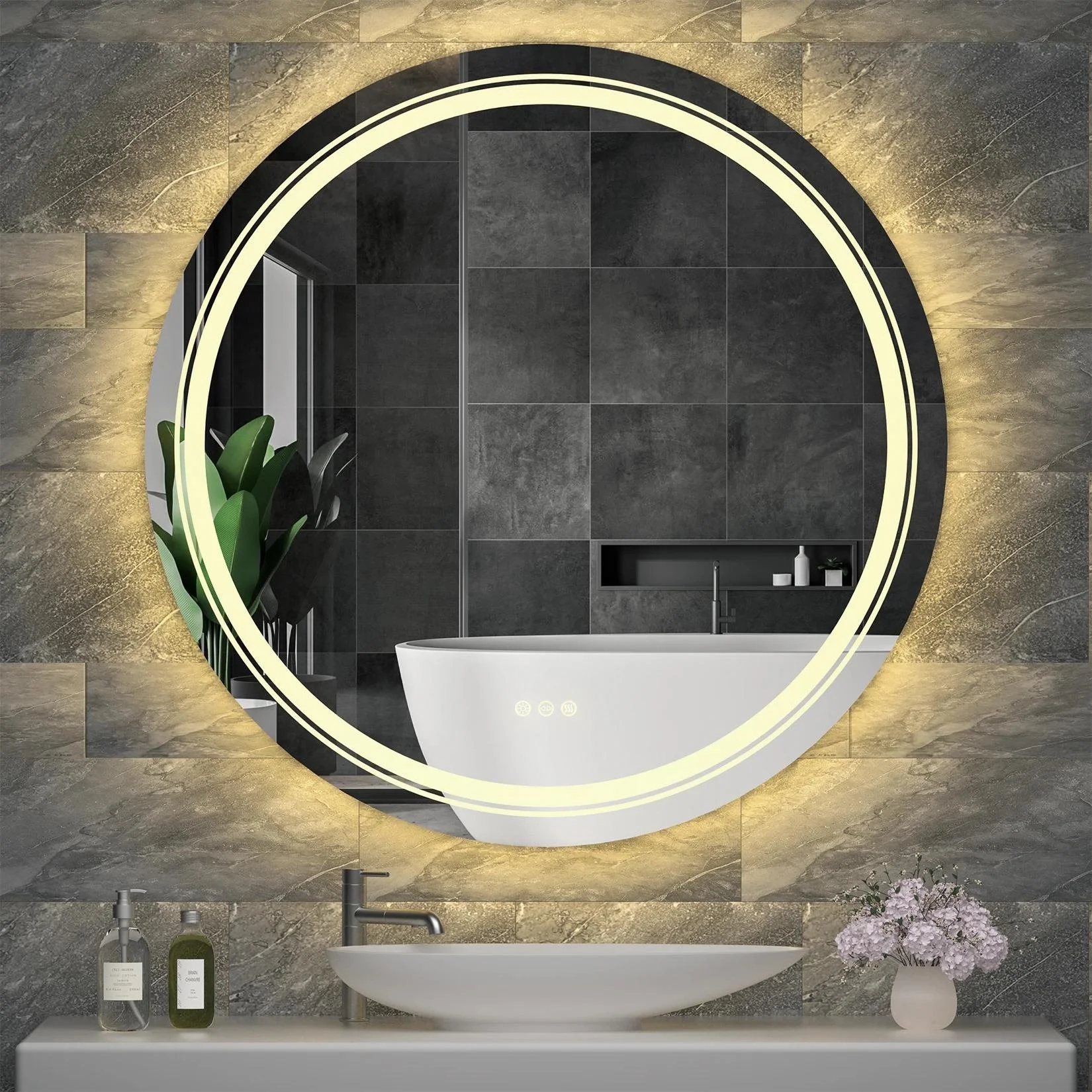 900mm Round LED Bathroom Mirror with Dimmable Lights & Anti-Fog