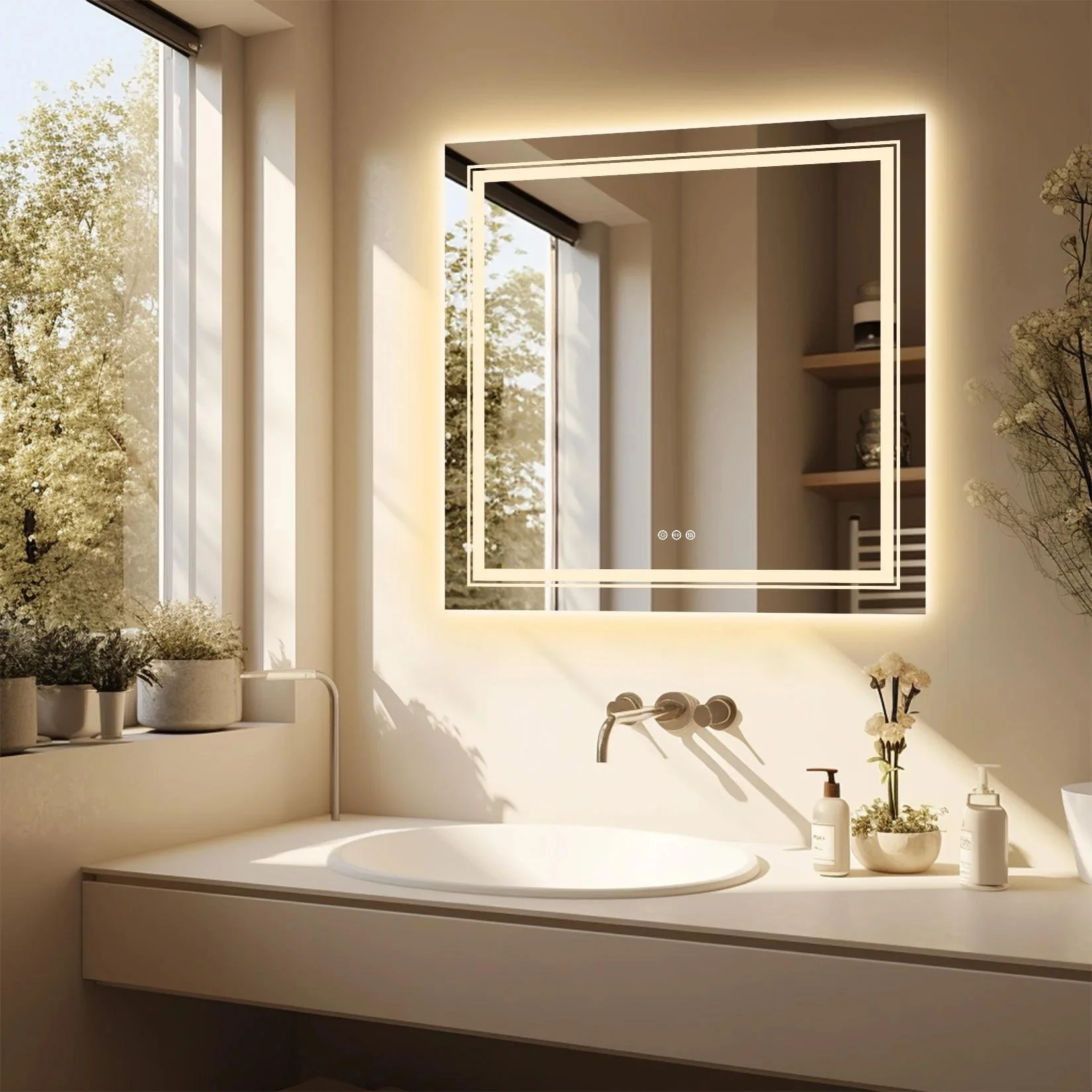 LED Backlit Square Vanity Mirror with Anti-Fog & Dimmable Lighting
