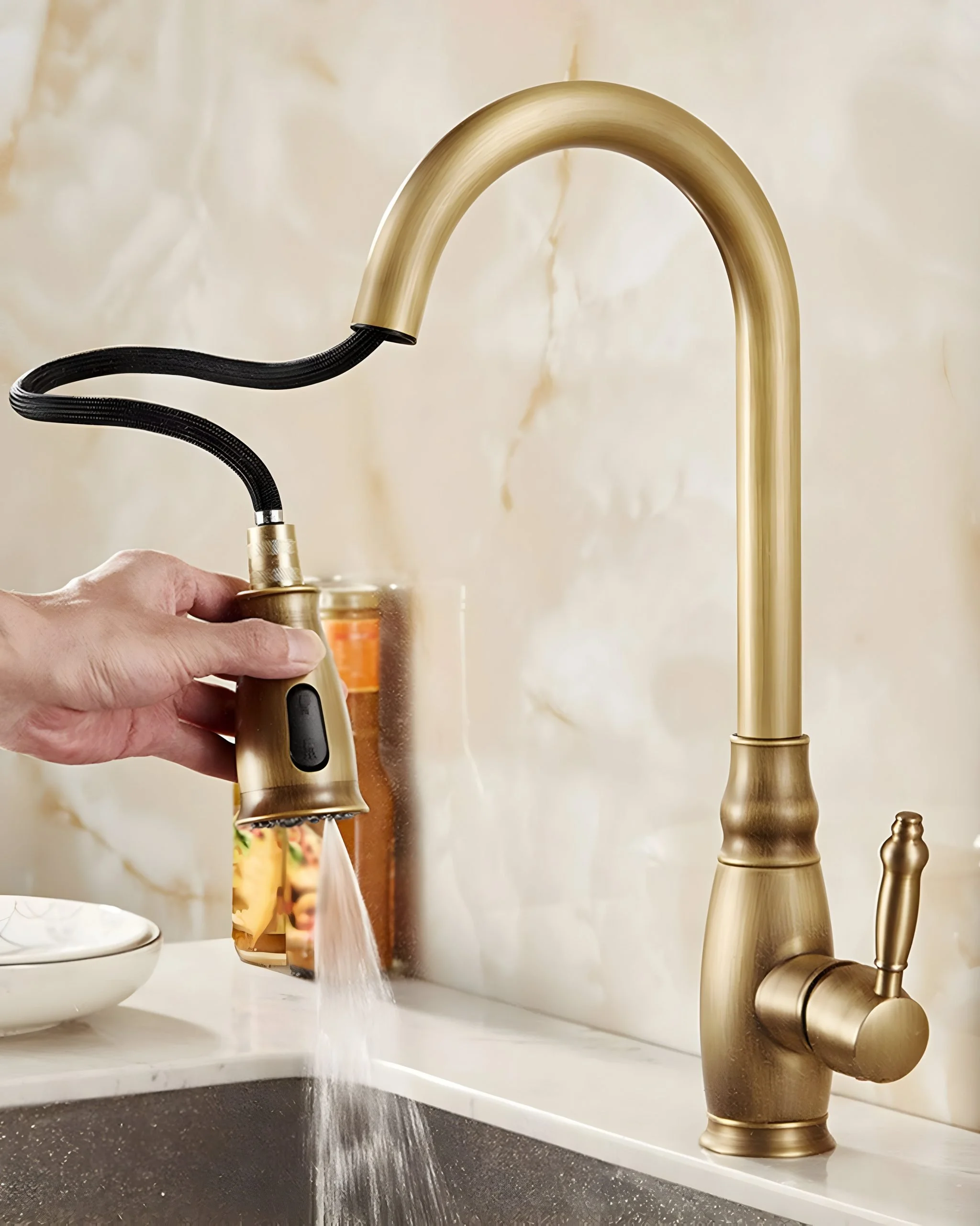 Antique Brass Kitchen Faucet with Pull-Out Rotating Spout and Hot & Cold Mixer