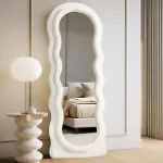 Arched Wavy Full Length Mirror 63"x24" with Ivory Flannel Frame & Stand