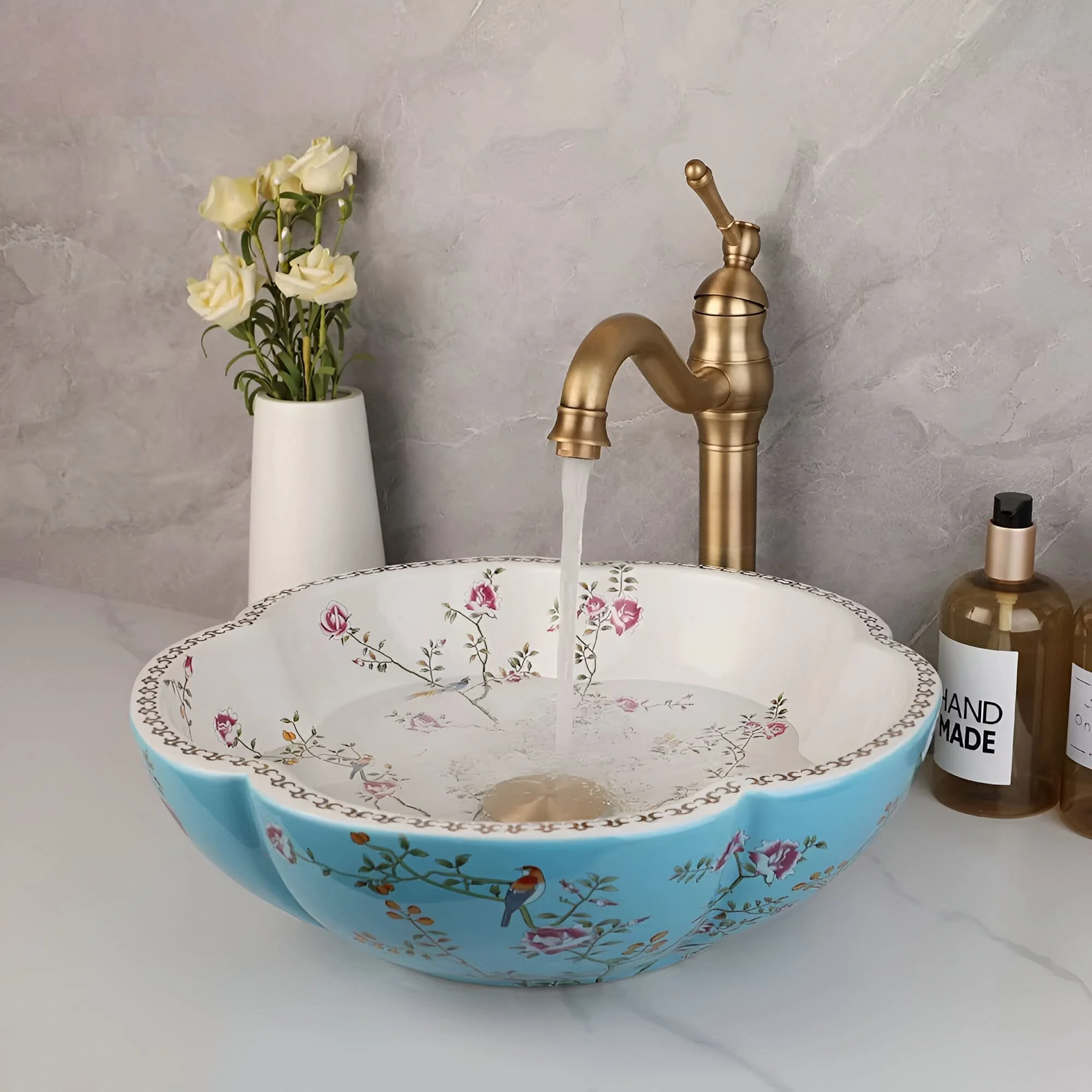 Elegant Hand-Painted Blue and White Ceramic Vessel Sink with Faucet Set