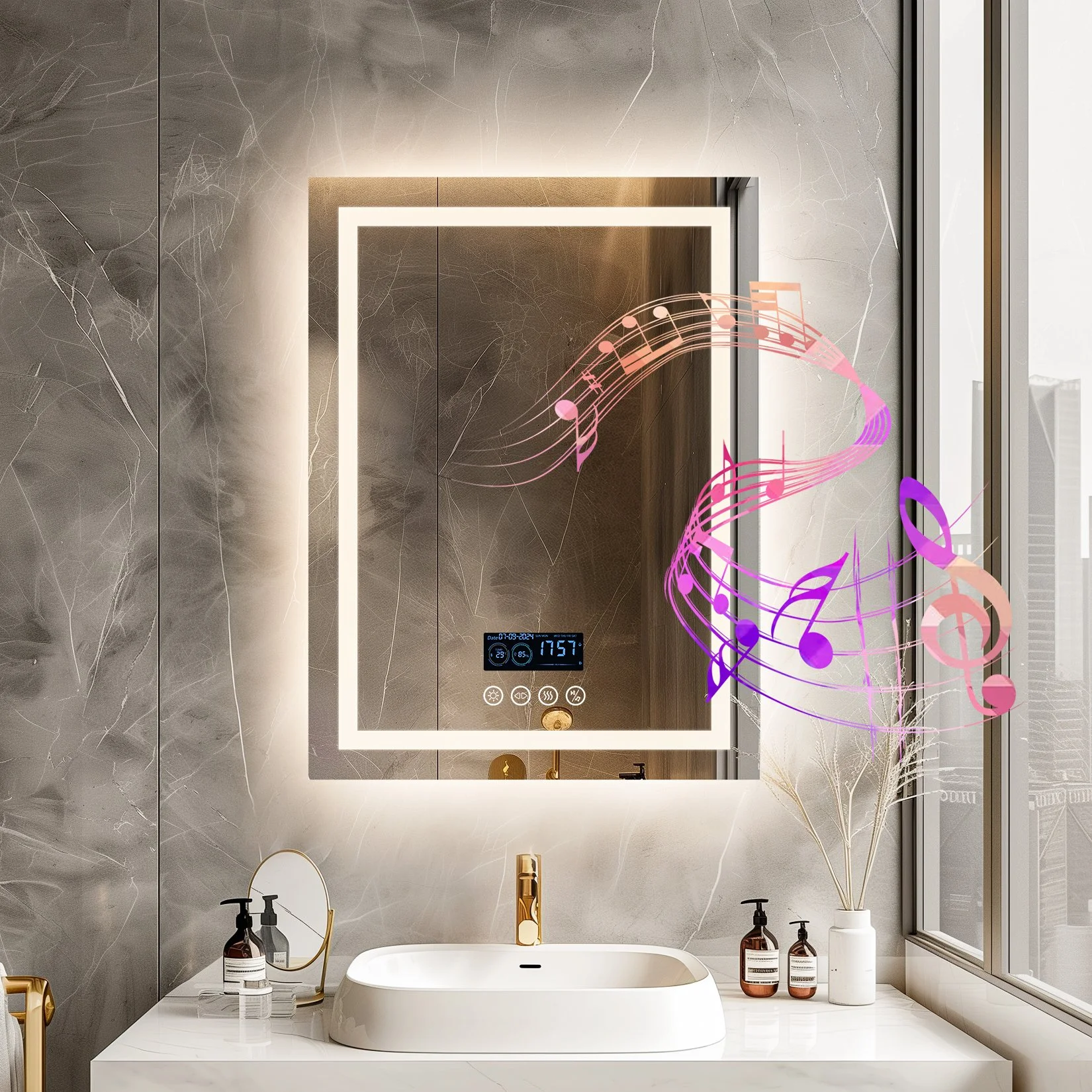 Lighted Bathroom Mirror with Bluetooth Speaker and Anti-Fog LED Vanity