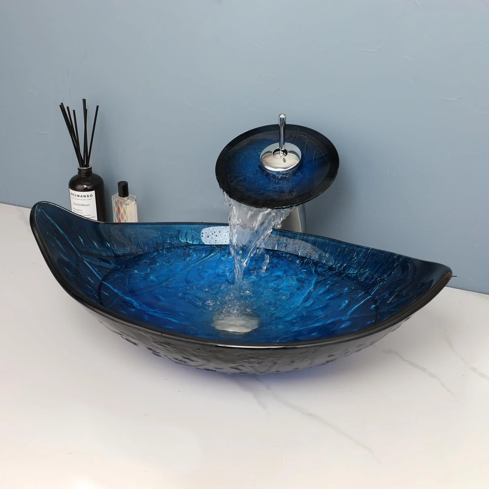 Hand Painted Blue Leaf Glass Waterfall Bathroom Sink & Faucet Set
