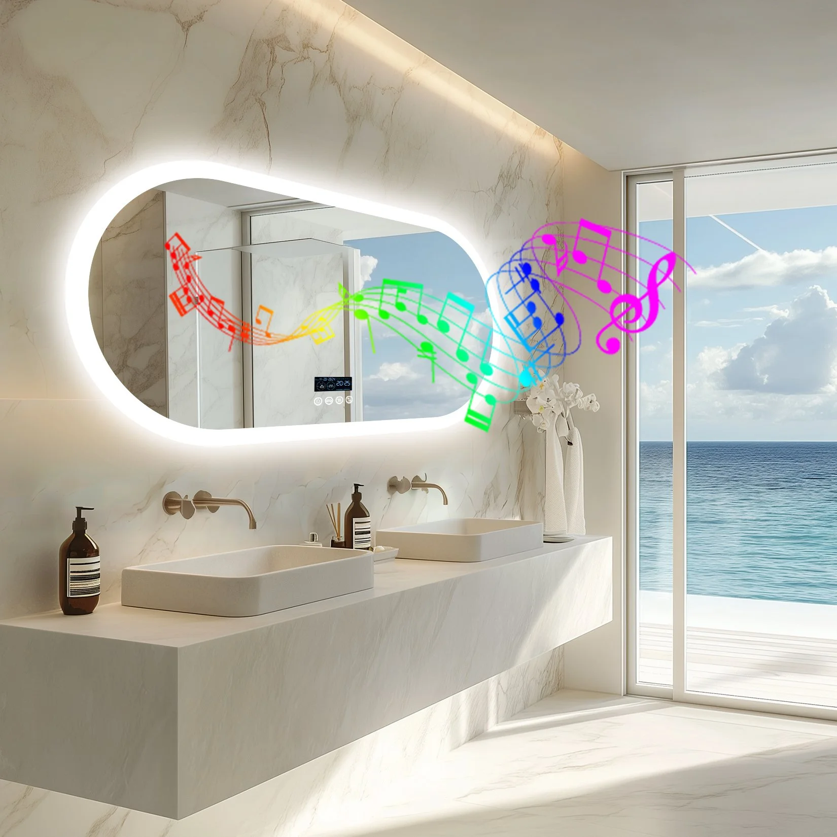 Oval LED Lighted Bathroom Mirror with Anti-Fog, Bluetooth & 3 Color Dimmable Lights
