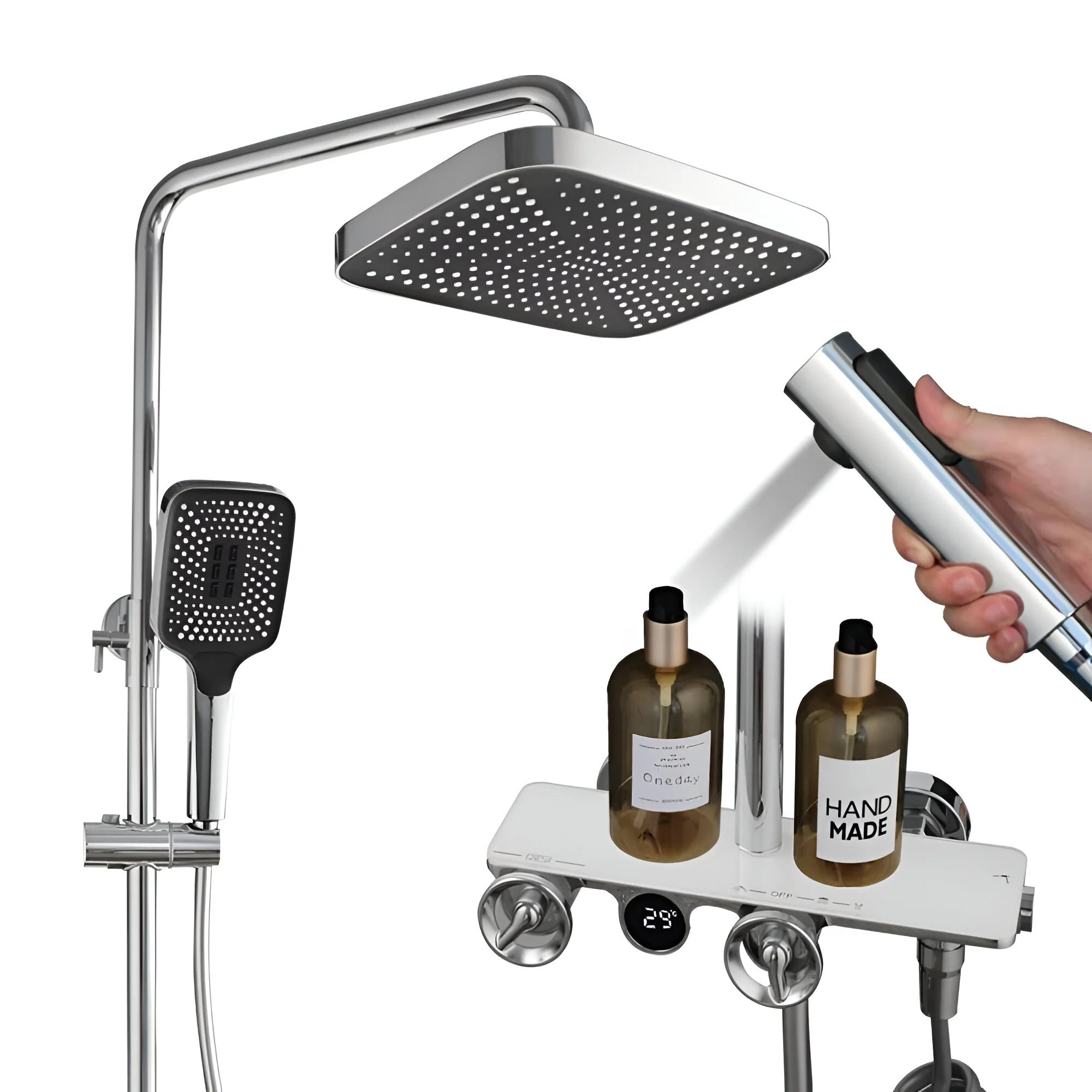 LED Thermostatic Digital Shower System with 4-Function Mixer and Rainfall Head