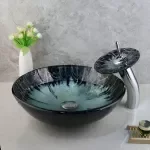 Hand-Painted Tempered Glass Round Bathroom Sink with Chrome Faucet Set