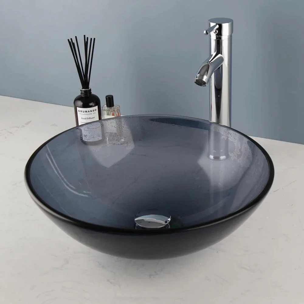 Grey Round Tempered Glass Vessel Sink & Faucet Set with Pop-Up Drain