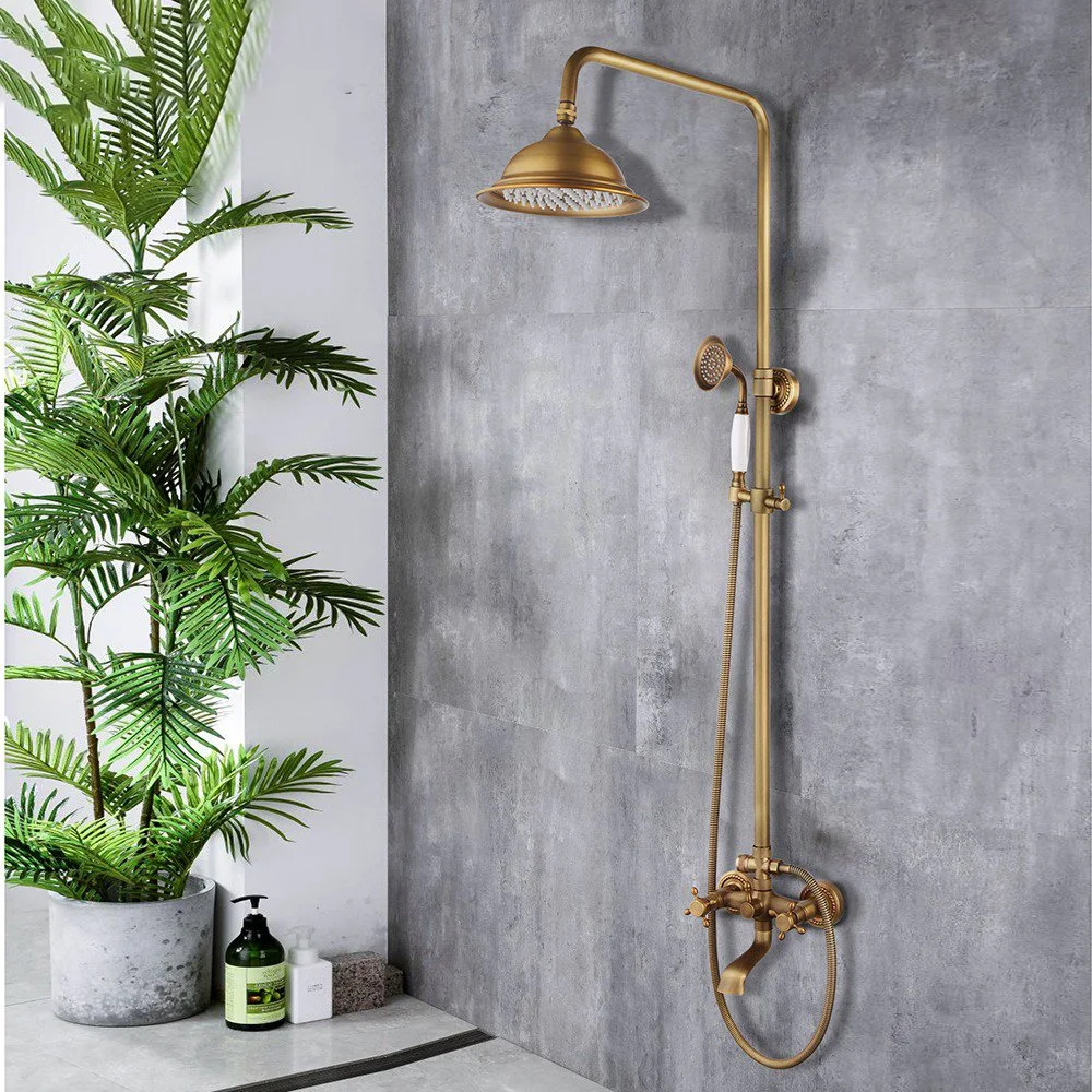 Antique Brass Wall Mounted Rainfall Shower and Bathtub Faucet Set