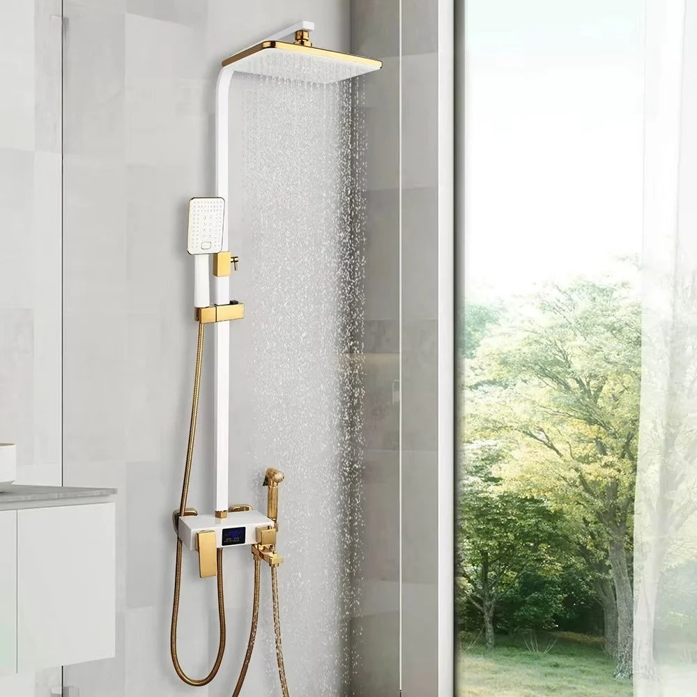 Luxury LED Thermostatic Rainfall Shower Faucet System Wall Mounted