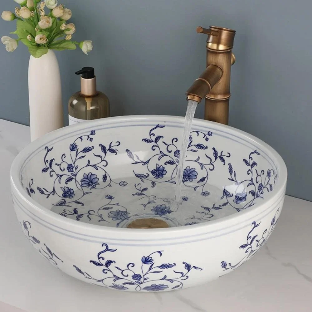 Luxury Blue & White Porcelain Ceramic Bathroom Sink Faucet Set with Pop-Up Drain