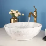 Hand-Painted Flower Ceramic Bathroom Sink with Waterfall Faucet & Drain Set