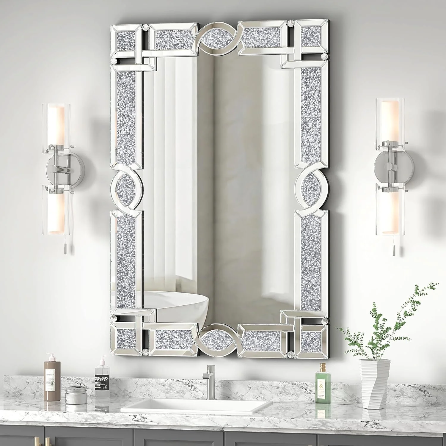 Large Crystal Diamond Crush Silver Wall Mirror – Elegant Vanity & Home Décor