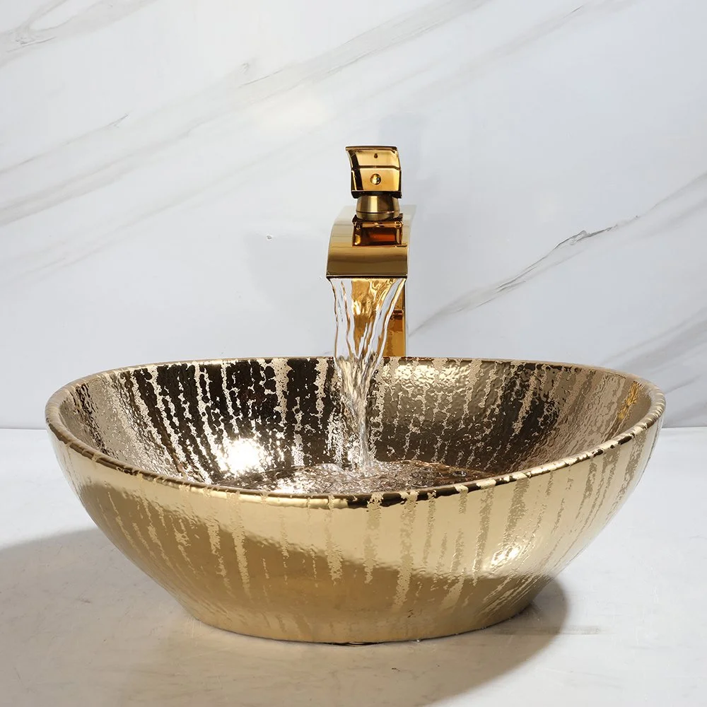 Elegant Gold Ceramic Oval Vessel Sink with Faucet and Drain Combo