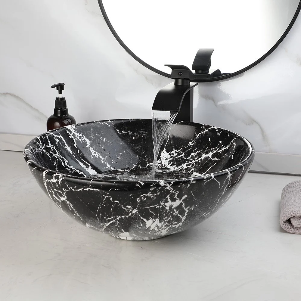 Luxury Round Ceramic Vessel Sink with Waterfall Faucet - Modern Bathroom Upgrade
