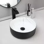 Round Ceramic Bathroom Sink with Hand-Painted Basin & Matte Black Faucet Set