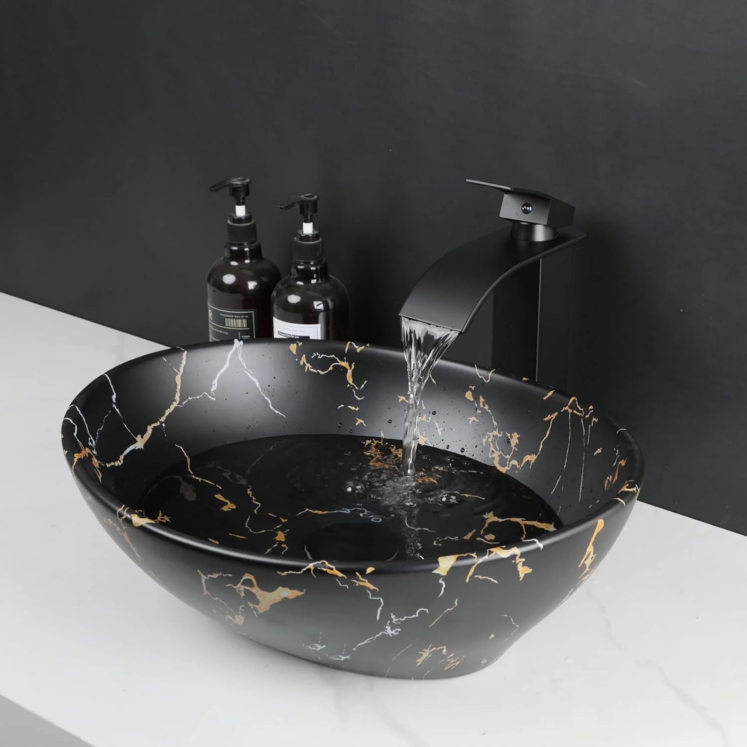 Oval Ceramic Bathroom Sink Combo with Waterfall Faucet & Pop-Up Drain