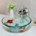 Tempered Glass Vessel Sink with Waterfall Chrome Faucet - Goldfish Art Basin Set