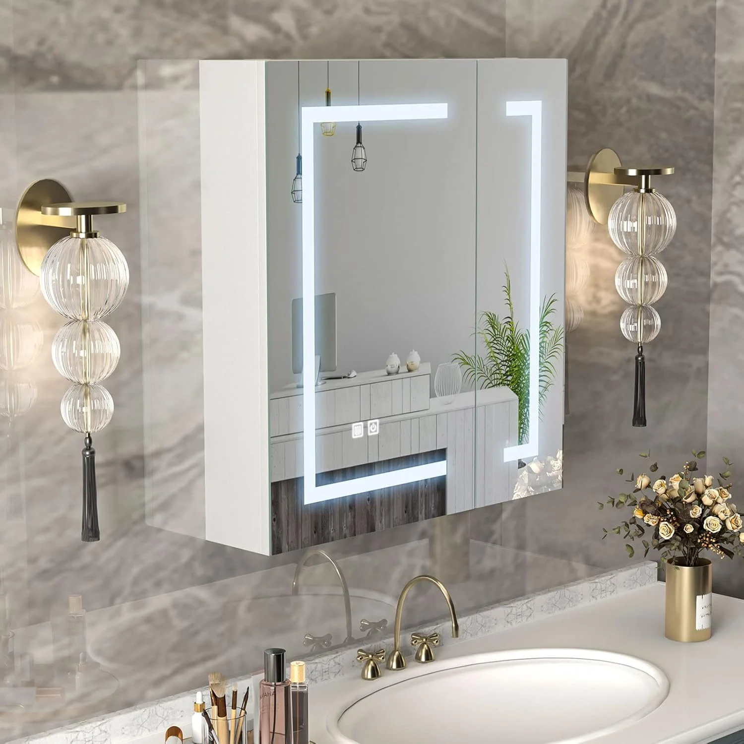 LED Lighted Bathroom Medicine Cabinet with Mirror & Defogger, 2-Door Wall Mount