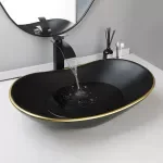 European Style Ceramic Bathroom Sink with Black Waterfall Faucet & Pop-Up Drain