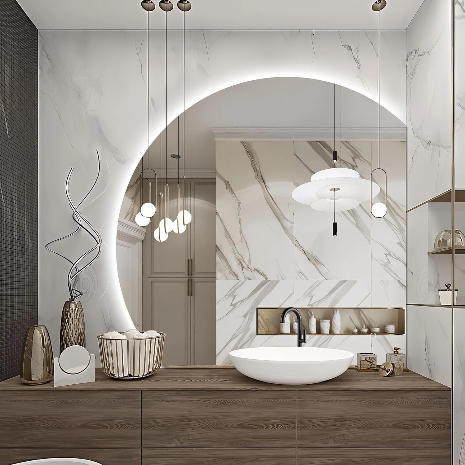 35 Inch Half Moon LED Vanity Mirror with Backlit Anti-Fog Touch Control