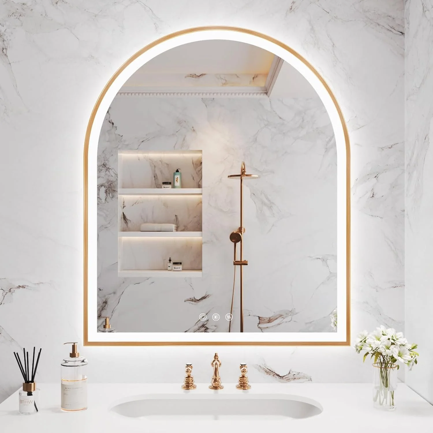 Arched 36''x30'' LED Bathroom Mirror with Dimmable Backlight & Anti-Fog Gold Frame