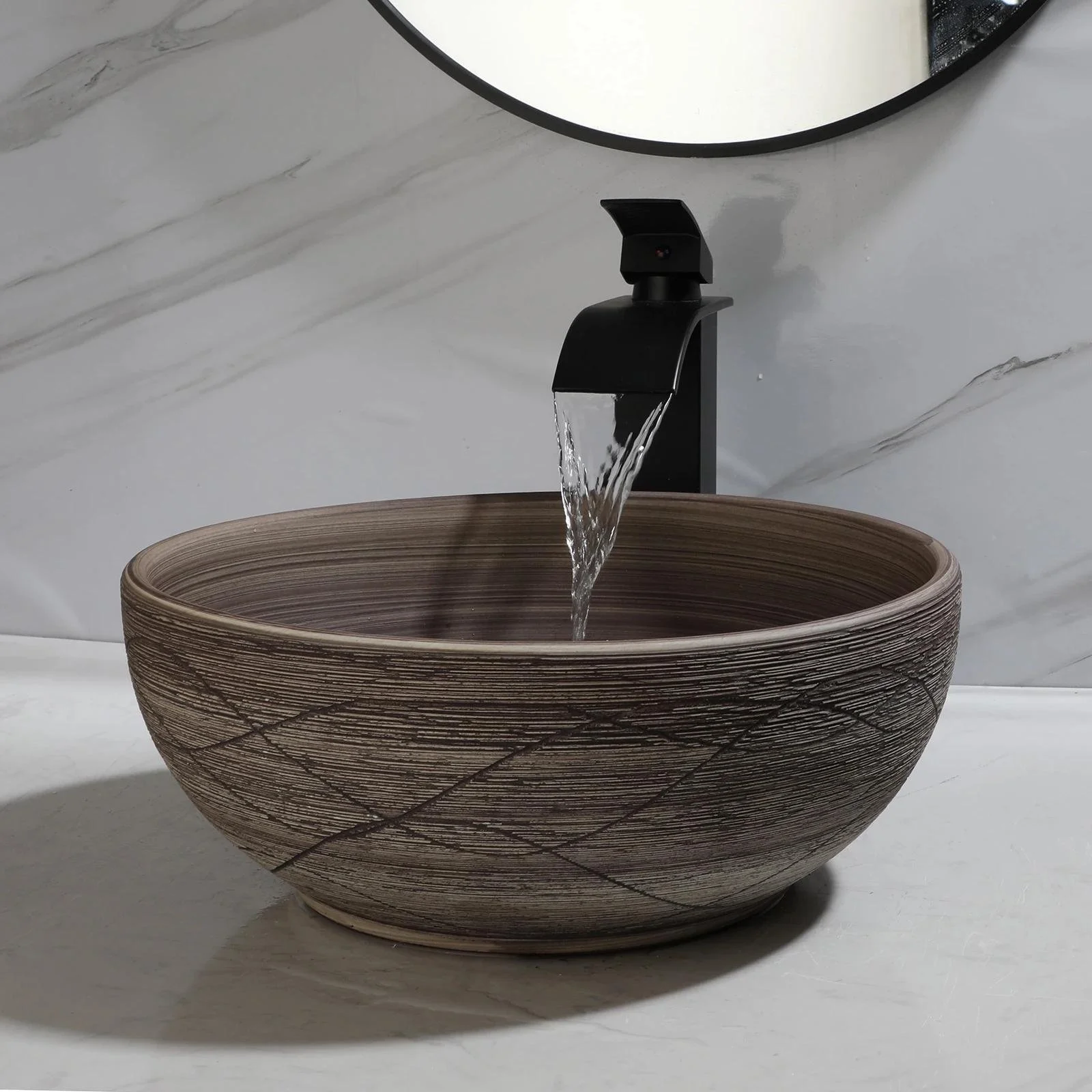 Modern Ceramic Countertop Bathroom Sink with Matte Black Faucet & Drain
