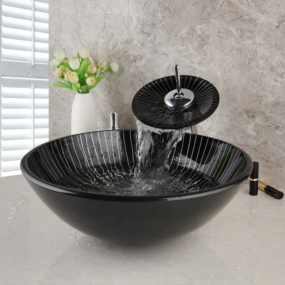 Modern Black Art Glass Bathroom Sink with Faucet and Pop-Up Drain