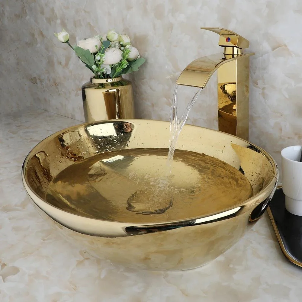 Luxury Gold Ceramic Vessel Sink Set with Golden Faucet & Pop-Up Drain