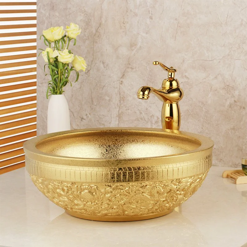 Golden Embossed Ceramic Bathroom Sink Set with Brass Faucet and Pop-Up Drain