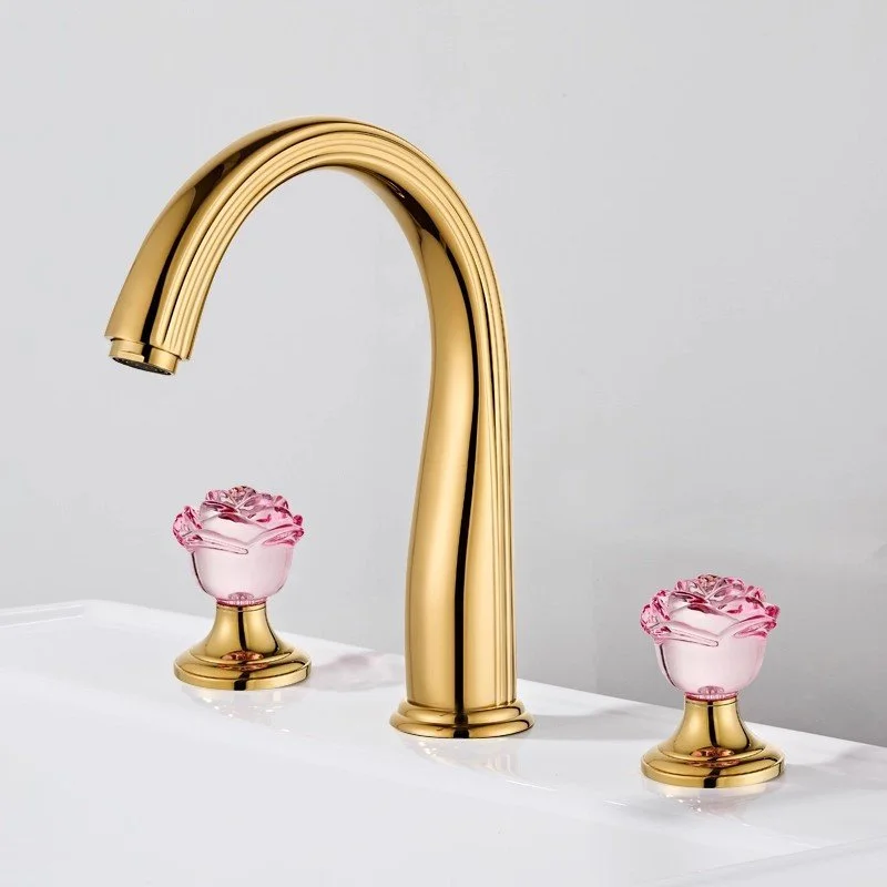 Gold Flower Crystal Handle Bathroom Faucet - 8" Widespread