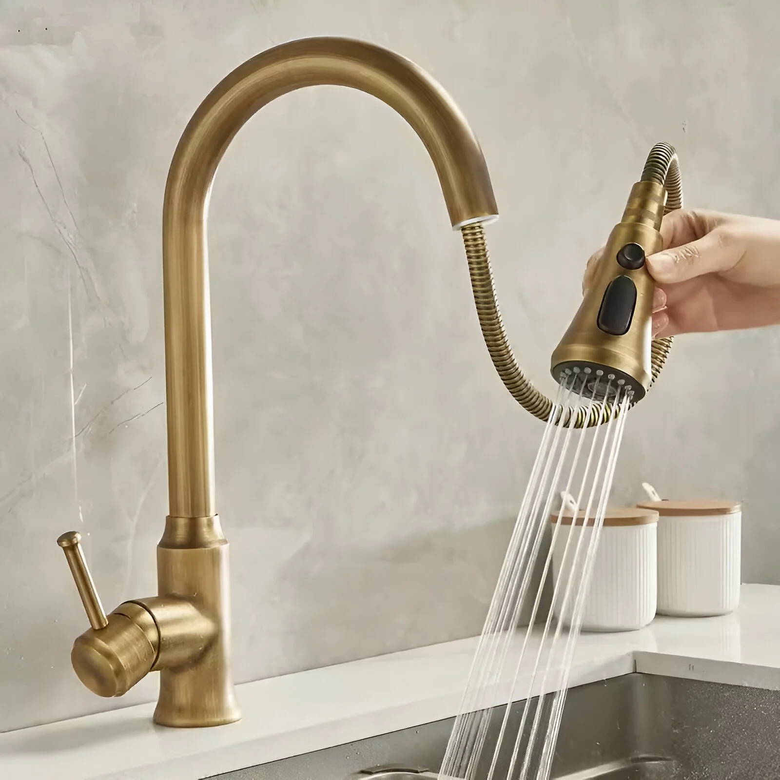 Antique Brass Kitchen Faucet with Pull Out Sprayer - 360° Rotation
