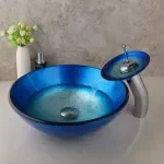 Blue Chrome Waterfall Glass Basin Sink Set with Tall Mixer Faucet