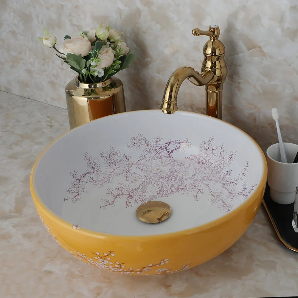 Round Ceramic Bathroom Basin Set with Art Flower Pattern and Golden Faucet