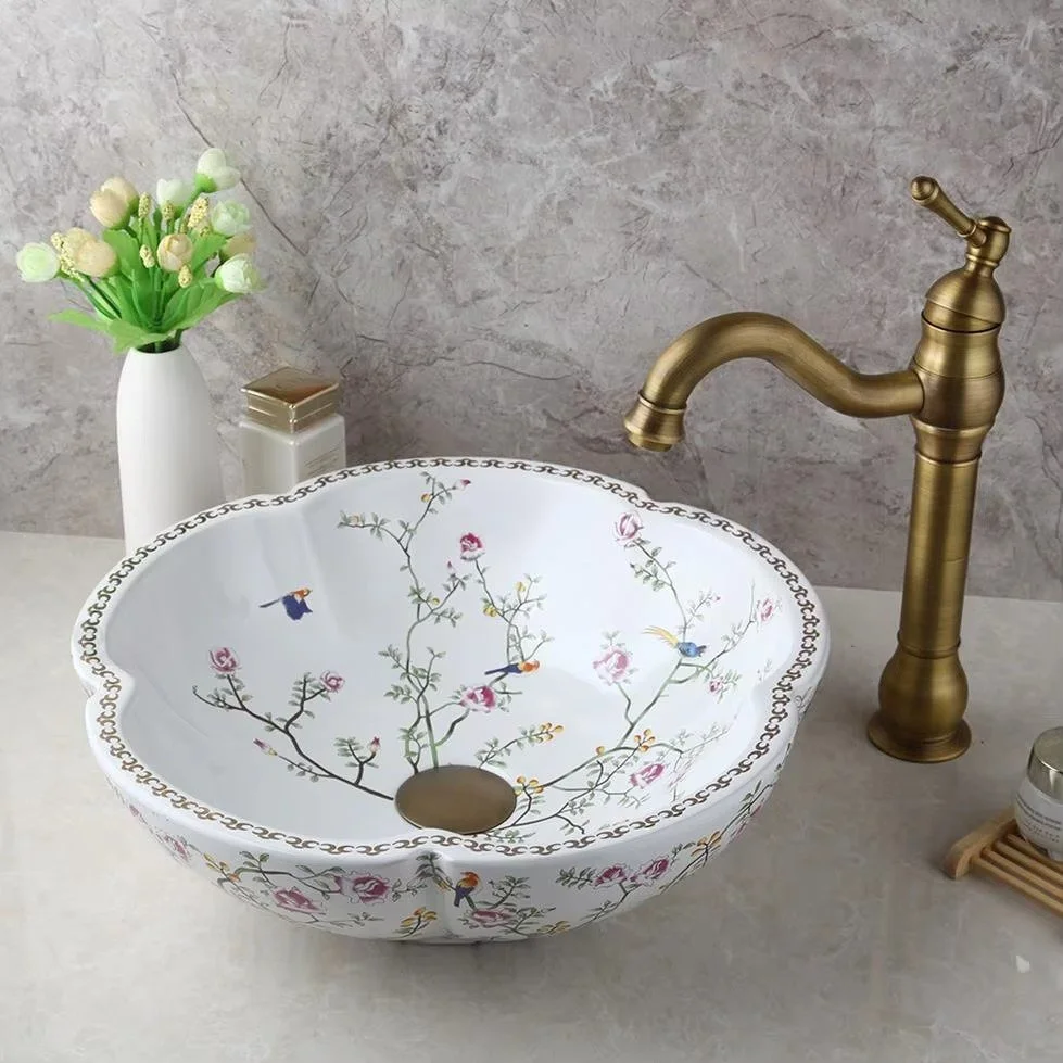 Art Ceramic Basin Set with Antique Brass Faucet