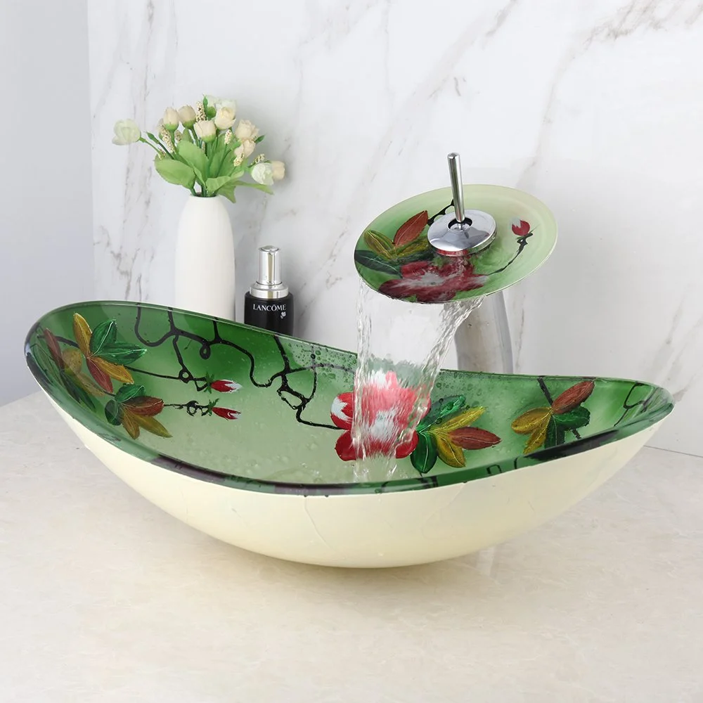 Hand-Painted Art Glass Bathroom Sink with Waterfall Faucet and Chrome Drain