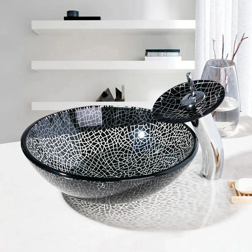 Handmade Mosaic Pattern Tempered Glass Basin with Waterfall Faucet Set