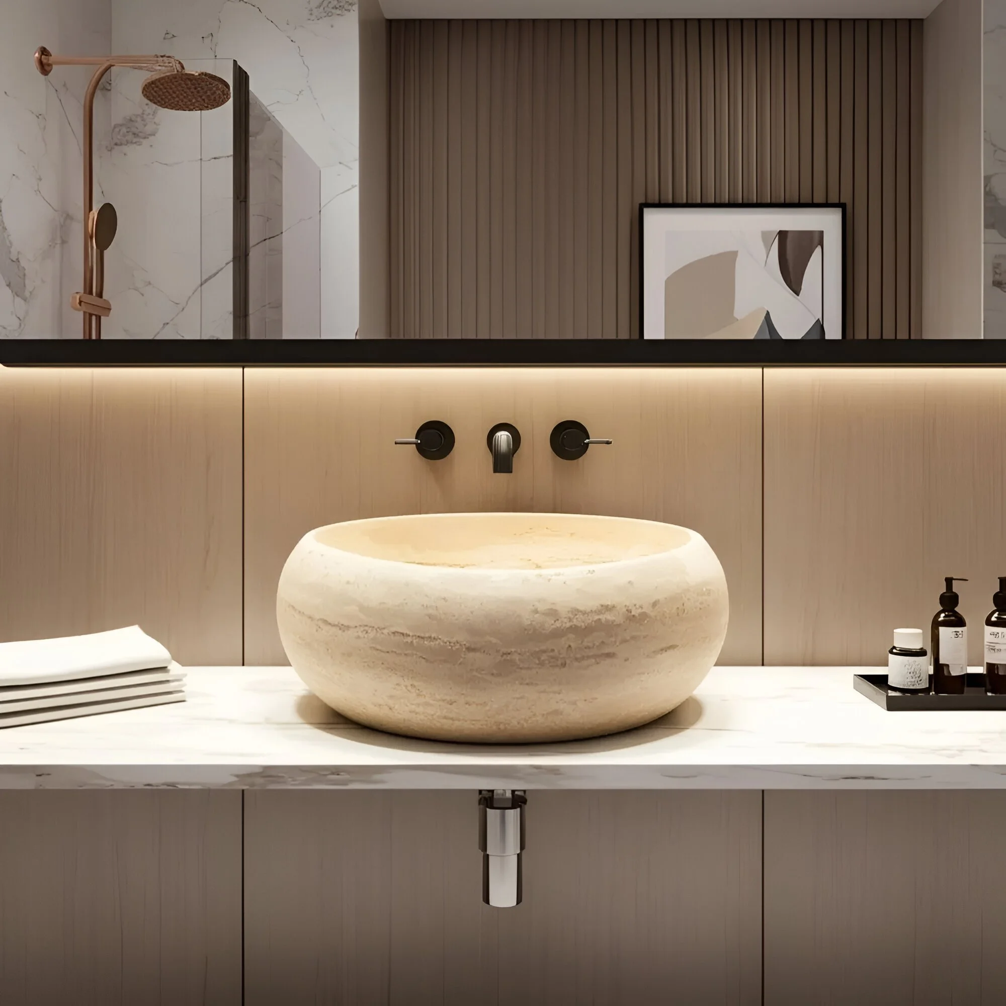 Round Travertine Vessel Sink – Natural Stone Countertop Basin for Bathroom Vanity