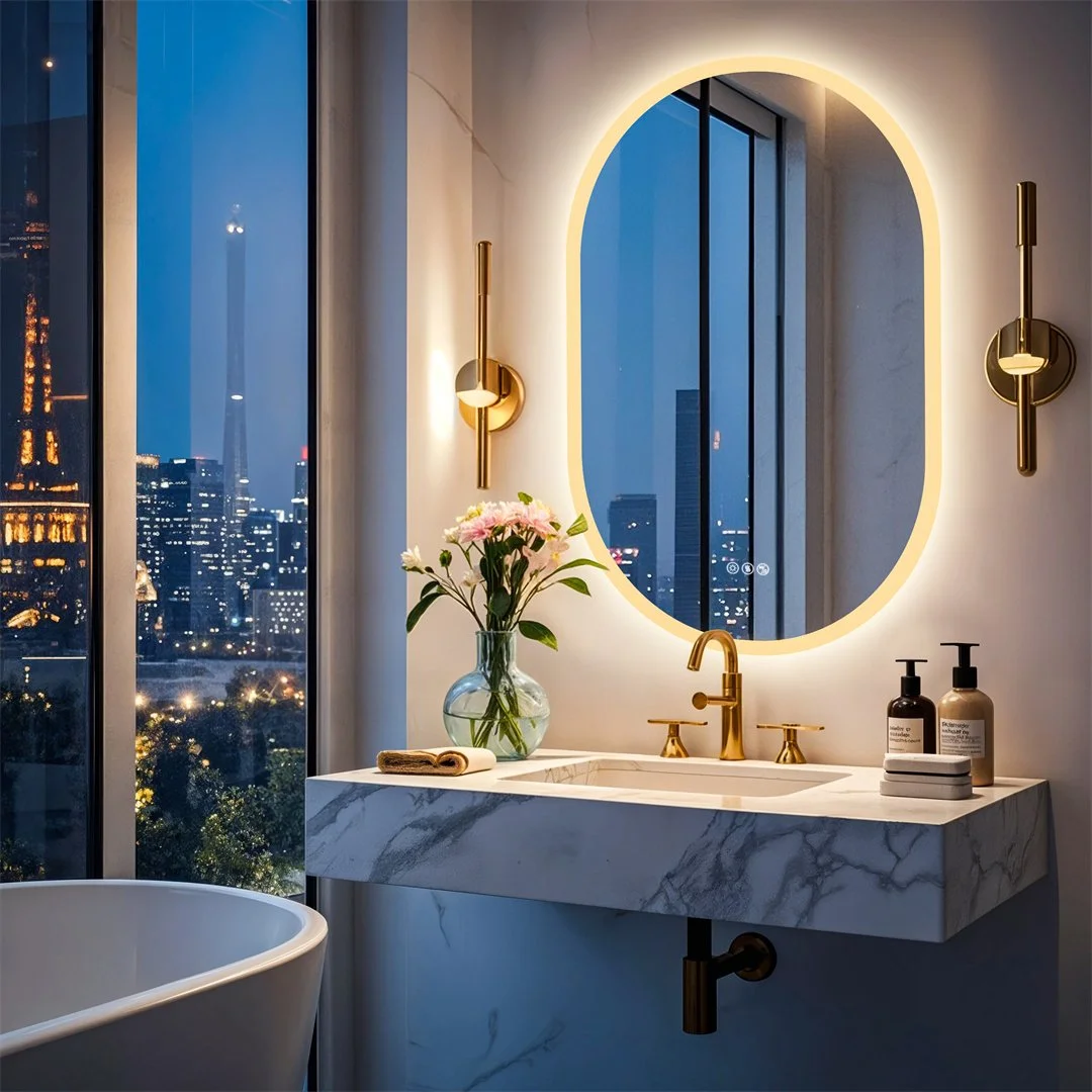 Oval LED Bathroom Mirror with Bluetooth, Anti-Fog & Dimmable Light