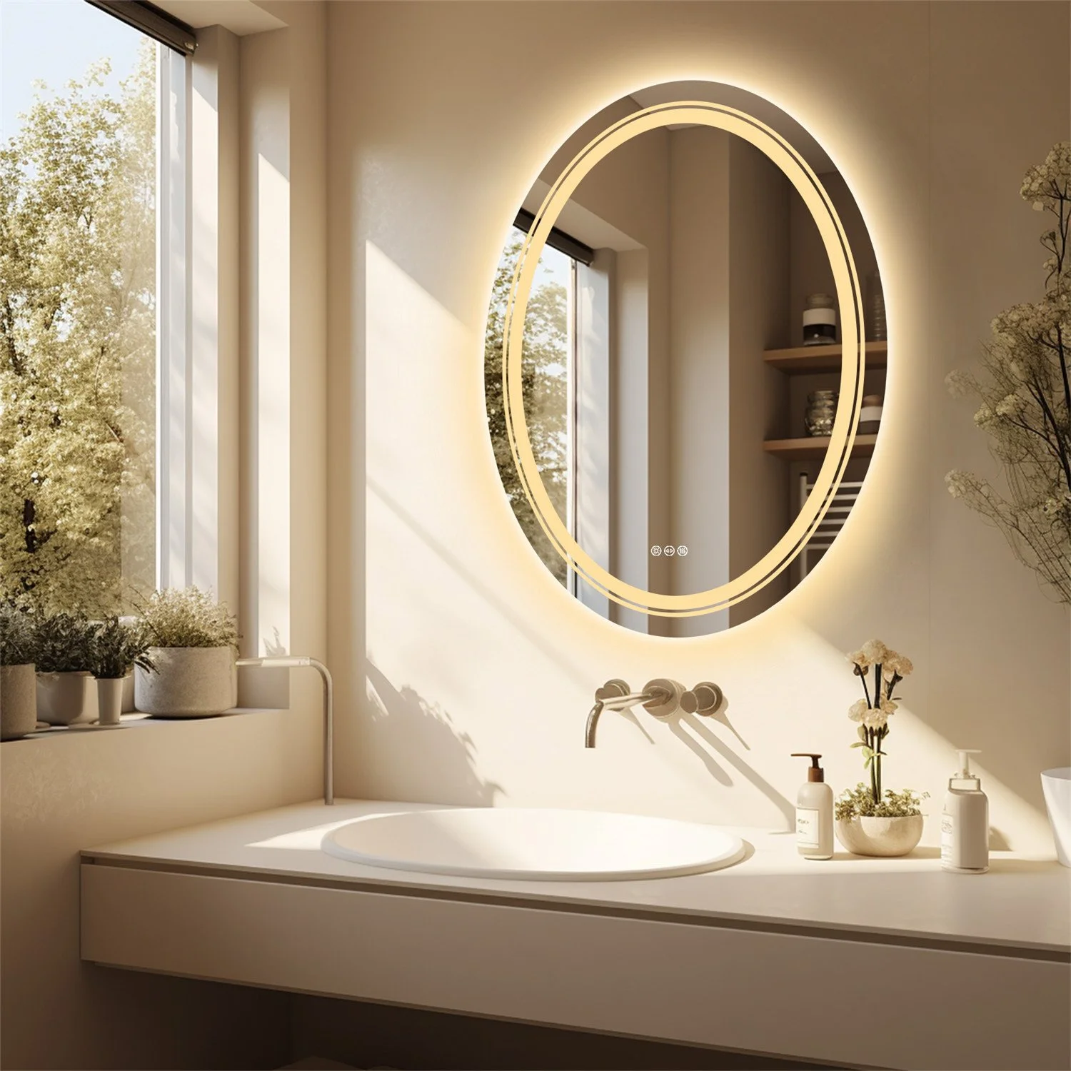 Oval LED Bathroom Mirror with Dimmable Light, Anti-Fog & Touch Control