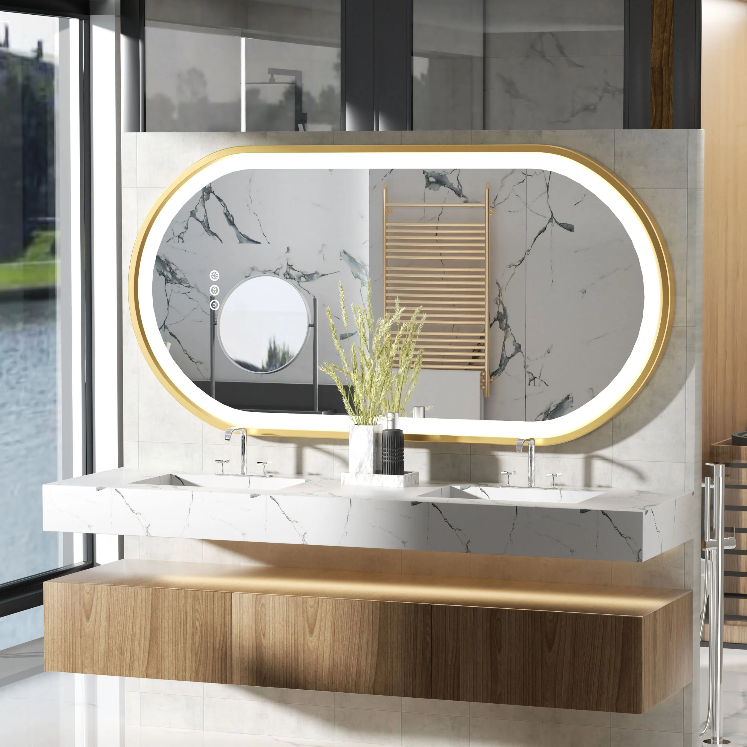 LED Oval Gold Bathroom Mirror with Dimmable Light & Anti-Fog