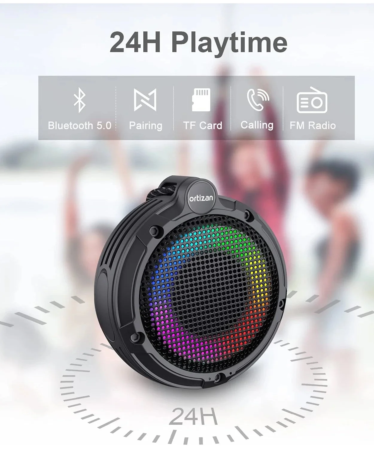 Portable Waterproof Bluetooth Speaker with Dynamic Lights & 24H Playtime