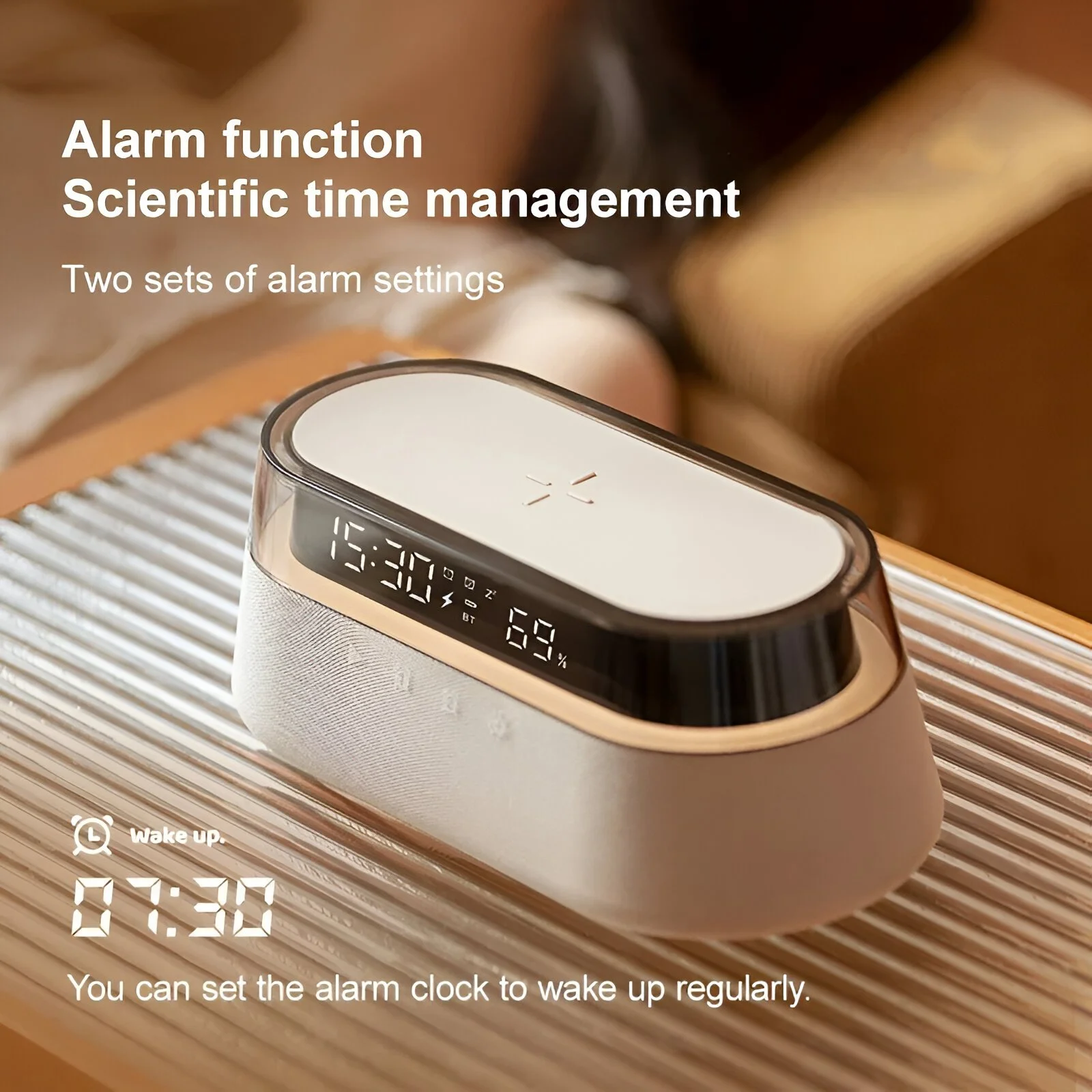 Bluetooth Speaker with 1800mAh Battery, 15W Wireless Charging, Digital Clock & Night Light